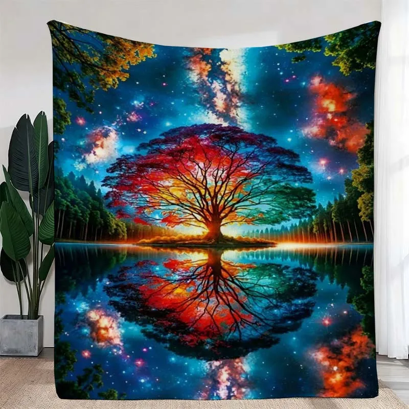 Galaxy Tree of Life Lake Reflection Flannel Blanket, Soft Warm Bed Blanket for Sofa Bedroom Camping Nature Art Lover Gift