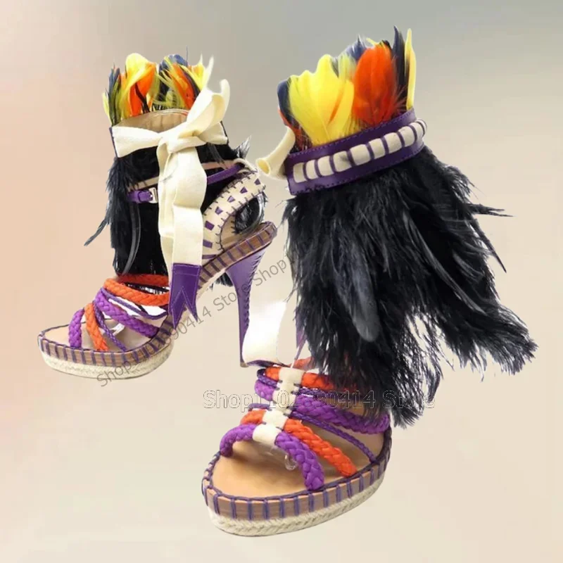 

Colorful Feather Decor Knitted Hemp Rope Design Sandals Back Strap Women Shoes Thin High Heels Fashion 2025 Zapatos Para Mujere