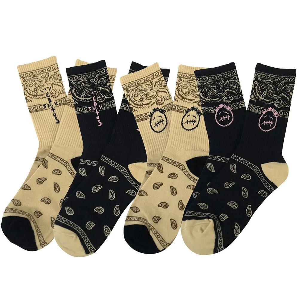 4pairs Men\'s Cashew Flower Pattern Cotton Crew Socks For Casual