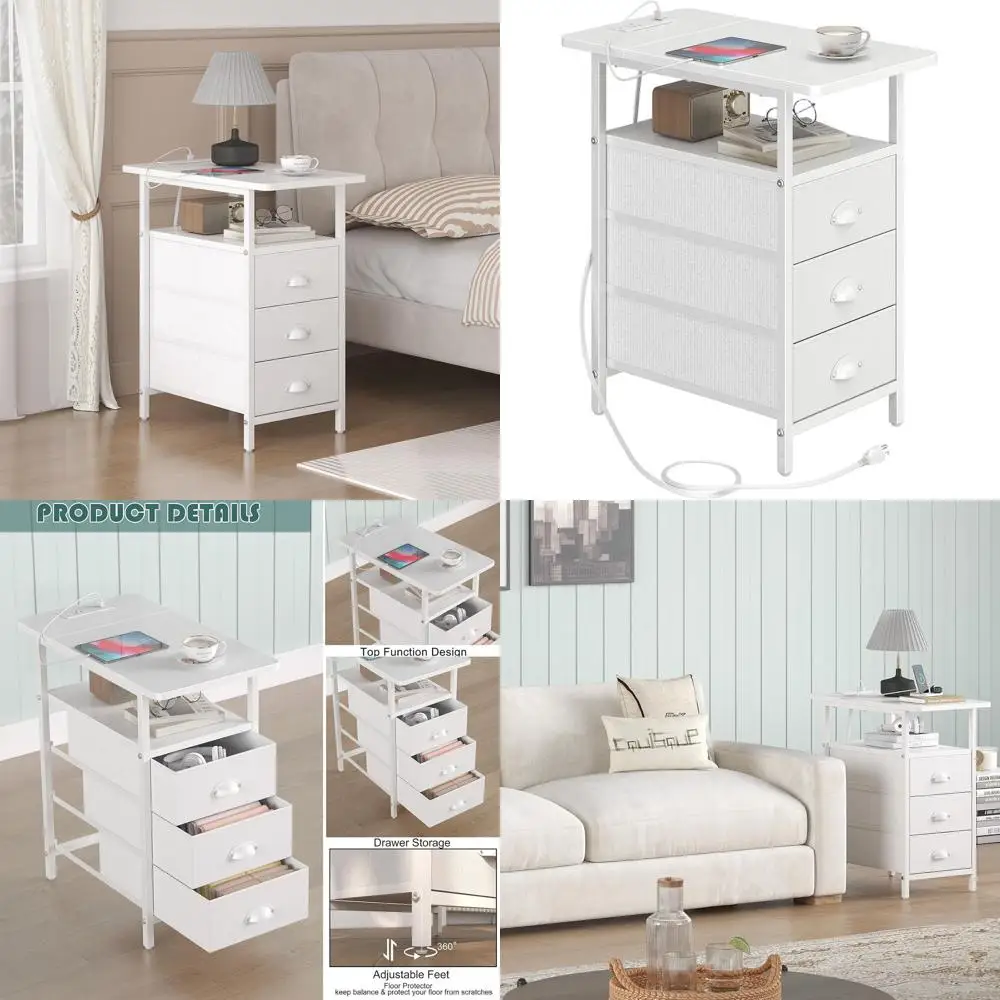 

Charging Station End Table, USB & Outlet Side Tables for Living Room, 3-Drawer Narrow Nightstands with PU Finish, Slim White Sof