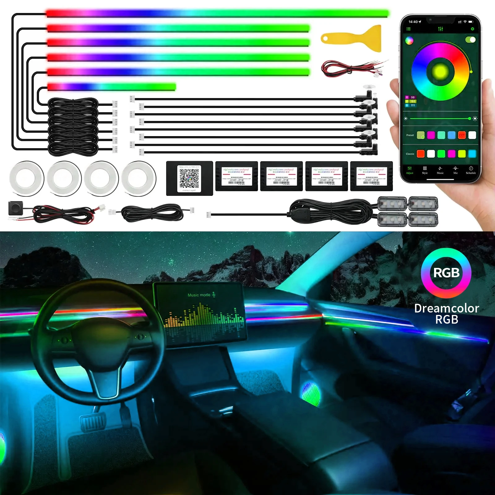 

18 in1 Car Interior Acrylic Guide Fiber Strip 6 in 1 Backlight Car Ambient Lights RBG 64 Color Decoration Atmosphere Lamp