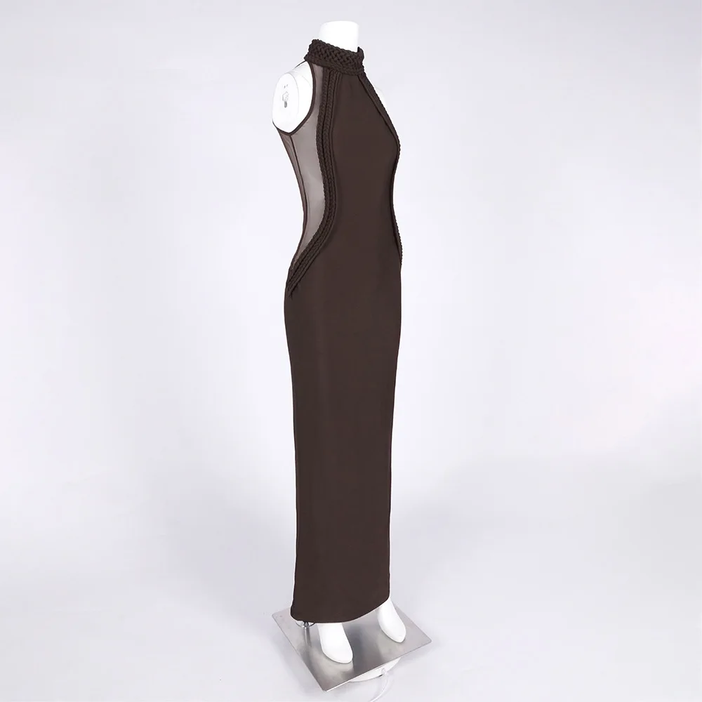 Sexy Brown Mesh See Through Sleeveless Maxi Dress Elegant High Neck Backless Gown for Evening Party Wedding Guest Night Club