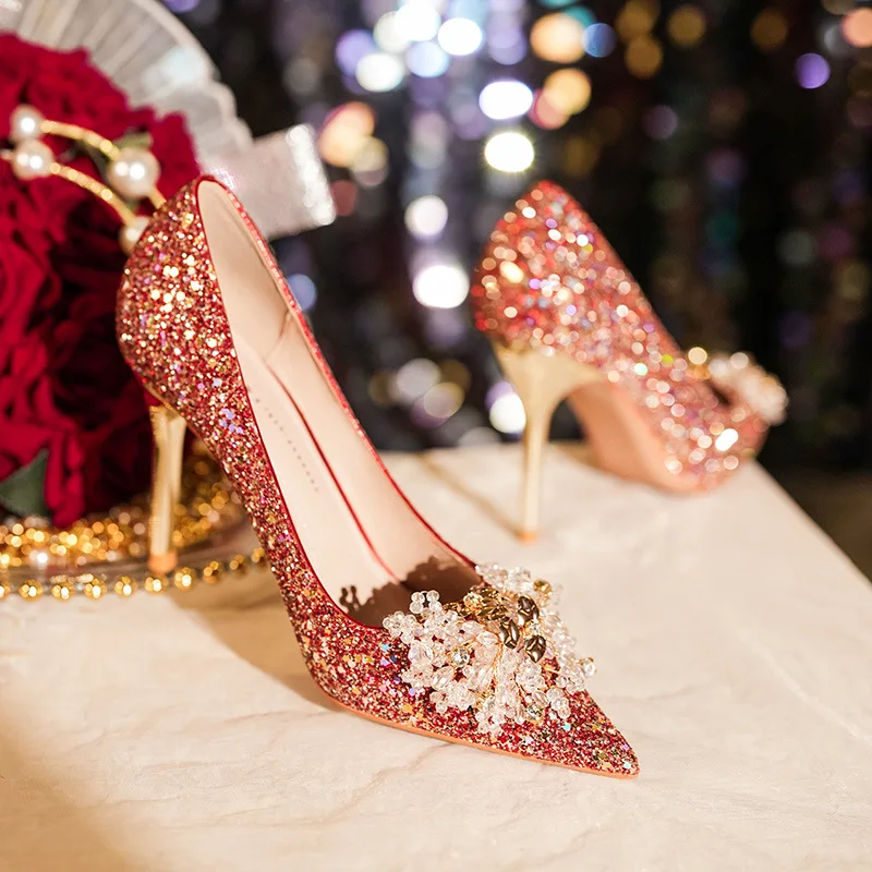 Bow Rhinestone High Heels Glittering Red Wedding Bridal Shoes Banquet Party Women\'s Shoes Fine High Heel Luxury Shoes Pumps