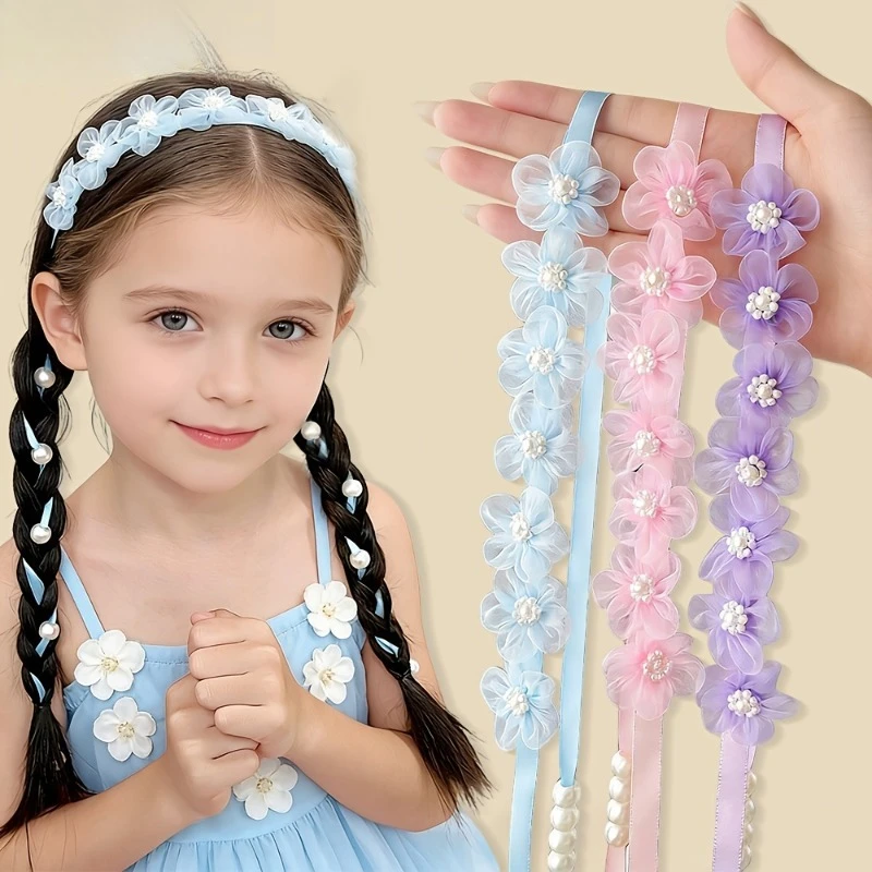 1 Stück Organza-Blumen-Haarband mit langem Band, modisches böhmisches Blumen-Haargummi, geflochtenes Haarband, geeignet für tägliche Partys – Detail 11