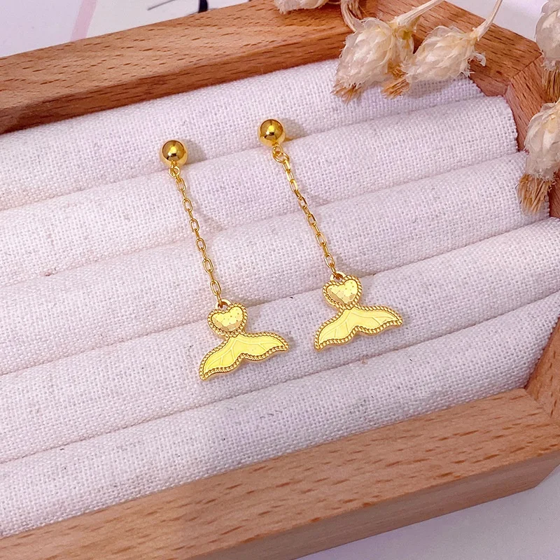 KISS&FLOWER 24KT Gold Shiny Fishtail Tassel Stud Earrings For Women Wedding Party Birthday Christmas Bride Mother Gifts ER599