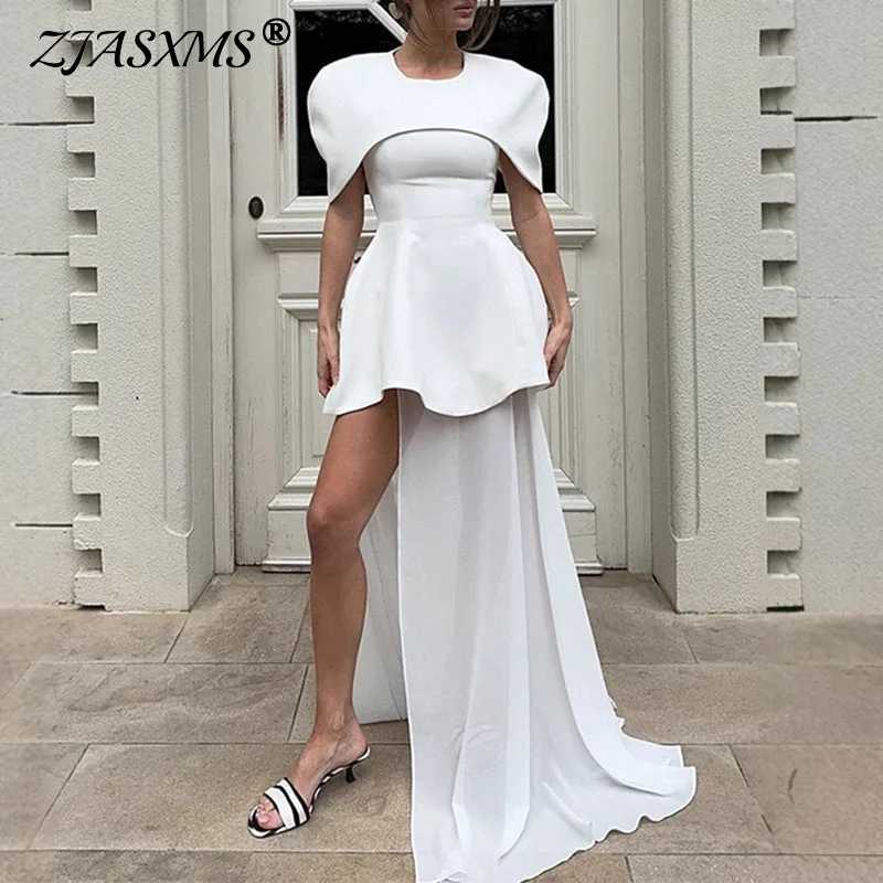 

Модный белый уникальный дизайн, женские комплекты из двух предметов, элегантный топ-накидка с круглым вырезом, пуловер + юбка с разрезом, костюм, шикарный комплект с короткими рукавами