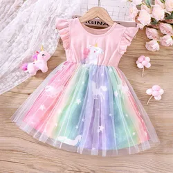 Dresses for Kids 2-6 Years Casual Summer Dash Sleeve Cartoon Unicorn Mesh Dress Ootd for Baby Girl Party Dress for Kids Girl