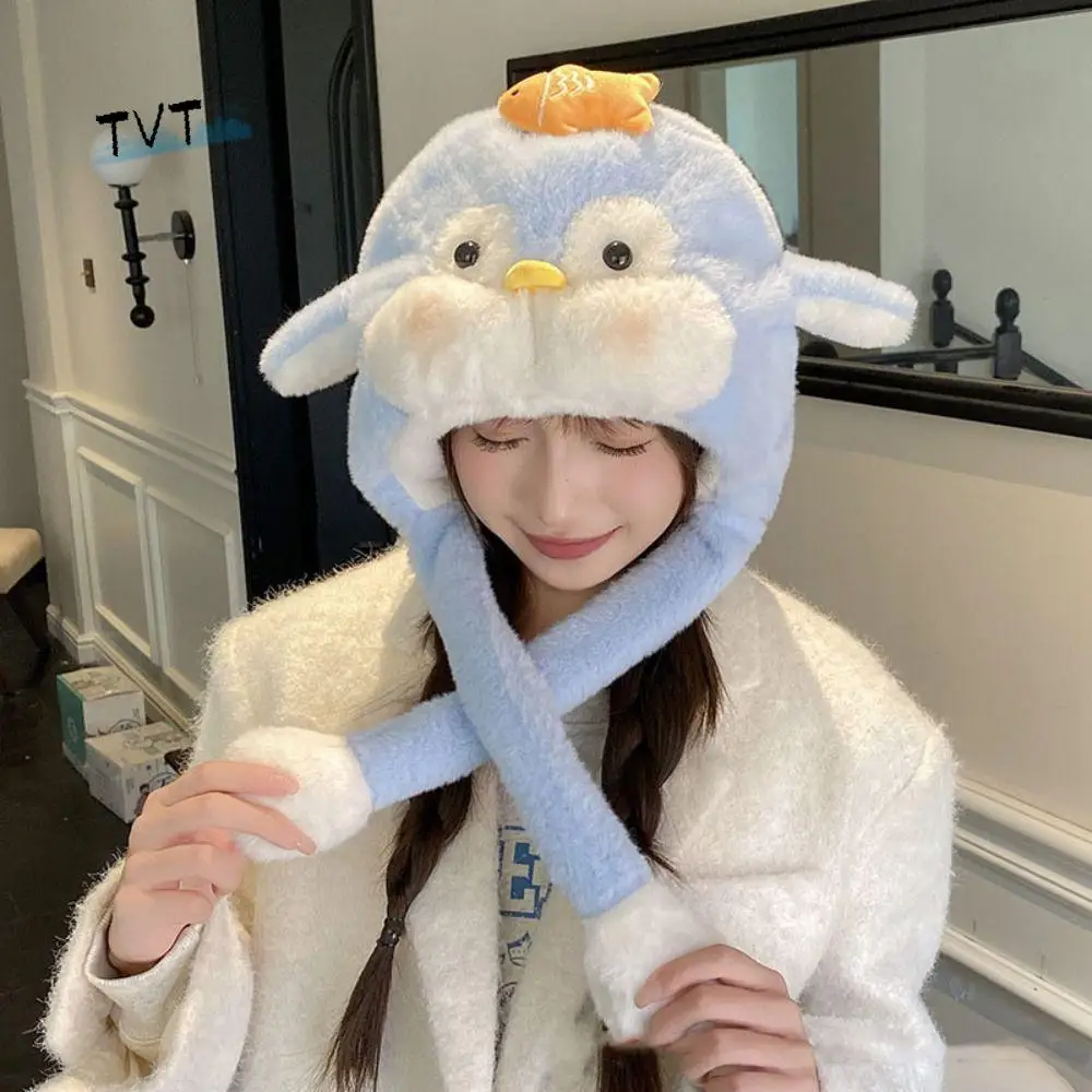 

Sweet Cartoon Penguin Ear Moving Hat Kawaii Thickened Fluffy Pullover Hat Solid Color Windproof Warm Lei Feng Cap Outdoor