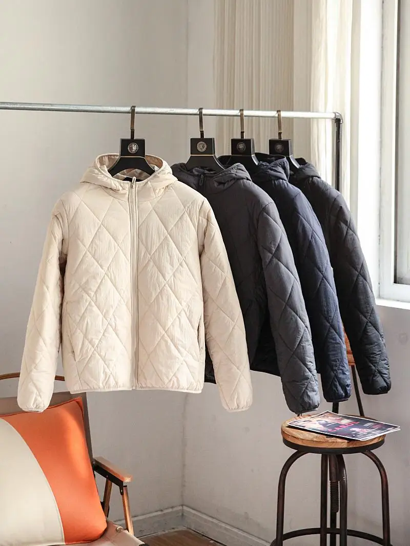 

Зимняя легкая теплая мужская куртка с капюшоном и ромбовидной строчкой, модное утепленное пальто для молодежи
