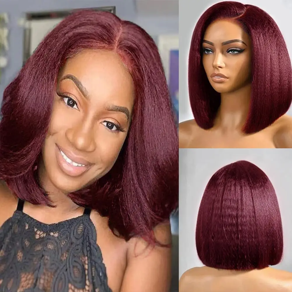 

13x4 Hd Lace Glueless Wigs Ready to Wear Brazilian Human Hair Wig 99J Red Kinky Straight Bob wig For Black Woman