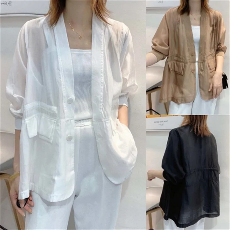 Summer Women Blazers  Sun-proof Sheer Casual Korean Style  Breathable  All-match Outerwear Female Office New White Black Top