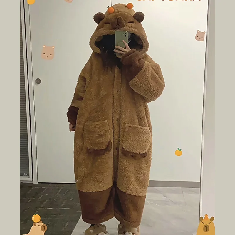 Cute Capybara Winter Pajama Cartoon Animal Soft Plush Jumpsuit For Adults Kawaii Velvet Pajama Nightwear Cosplay Suit Girls Gift