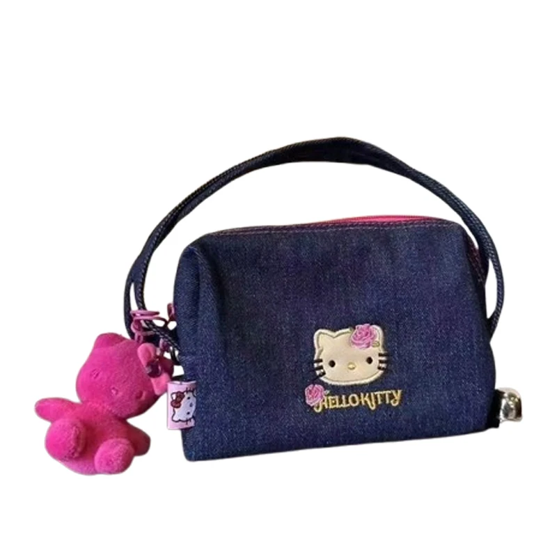 Olá kitty bolsa bordada azul denim crossbody saco de dupla utilização feminina casual bolsa de ombro bonito kt gato viagem compras fb11d