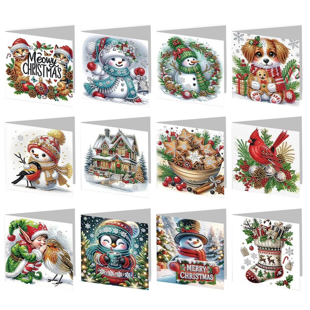 2/6/12Pcs Winter Christmas DIY Diamond Painting Card Rhinestone Painting Card Kit Diamond Painting Greeting Card for Adults Kids