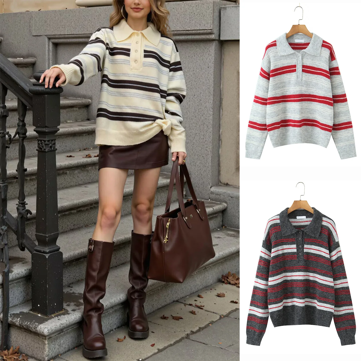 

Retro Sle Women's Knitted Long Sve Ne Striped Sweater Color Blo Design Casual Wear Polyester Fiber Regular Fit