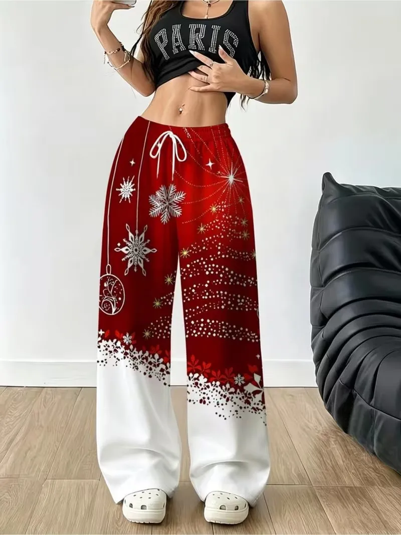 Women's Autumn New Christmas Element Printed Pants Women's Pocket Drawstring Elastic Loose Pants Daily Versatile Sports Pants