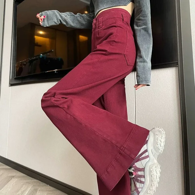 

Ankela Red Stretch Wide-leg Slightly Flared Jeans Women in Spring with Fleece Loose Floor-length Flared Pants for Short Women