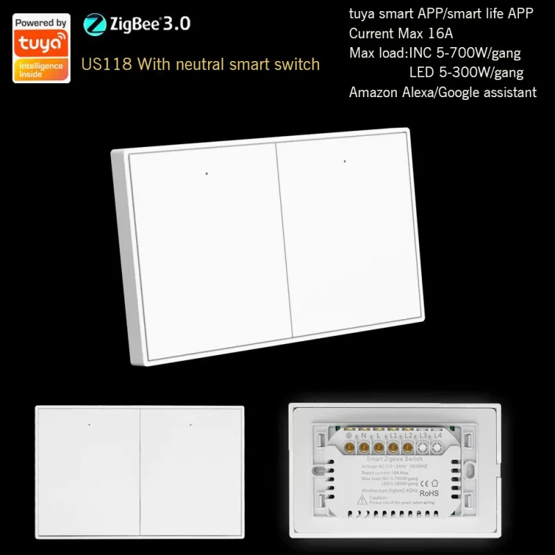 Tuya ZigBee Smart Switch Panel: 118 Type, Single Fire/Neutral Wire, US Standard, White Touch Control