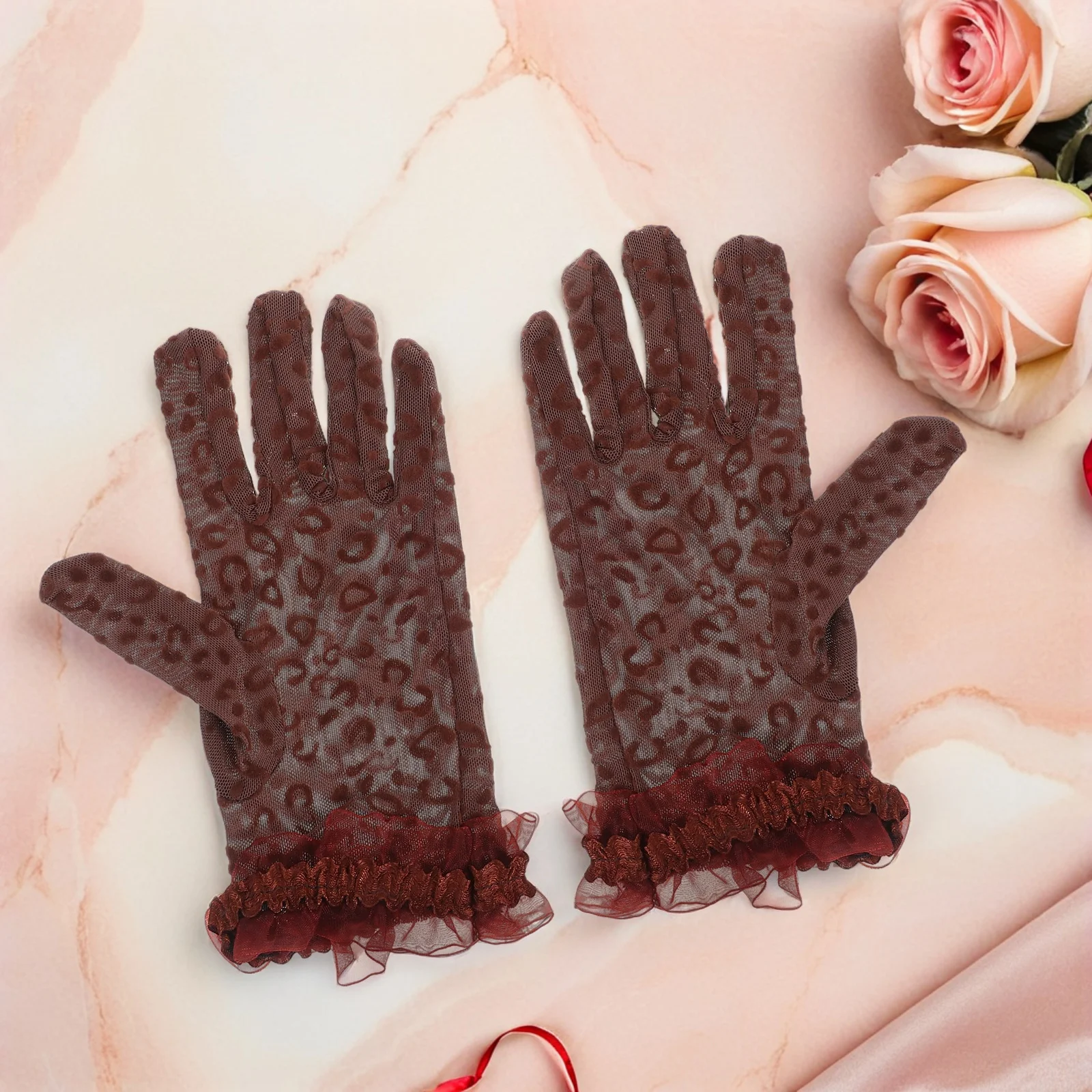 

2pcs Leopard Print Gloves Black Mesh For Women Sheer Short Wrist Wedding Party Evening Bridal Accessories Functional Fashion