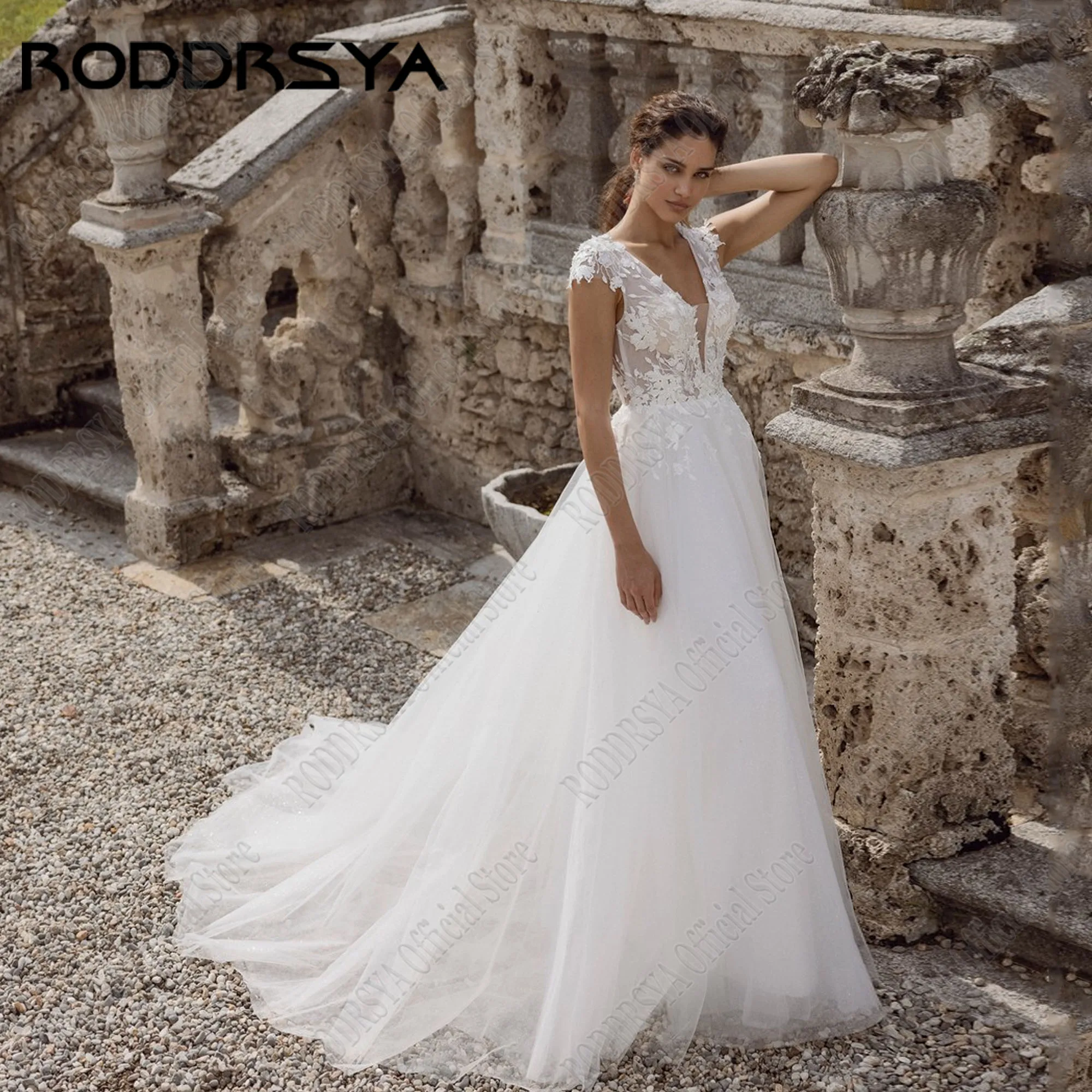 

RODDRSYA Customized Wedding Dress Boho Cap Sleeve Backless Applique V Neck A Line Bridal Gown Vestido de noiva Sweep Train 2024