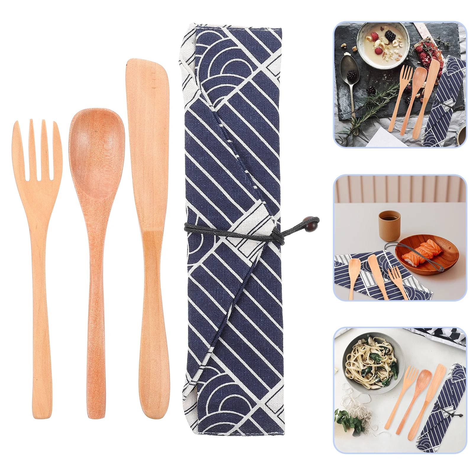 

1 set Wooden Spoon Fork Knife Set Portable Reusable Tableware Travel Cutlery Kitchen Flatware Serving Kit