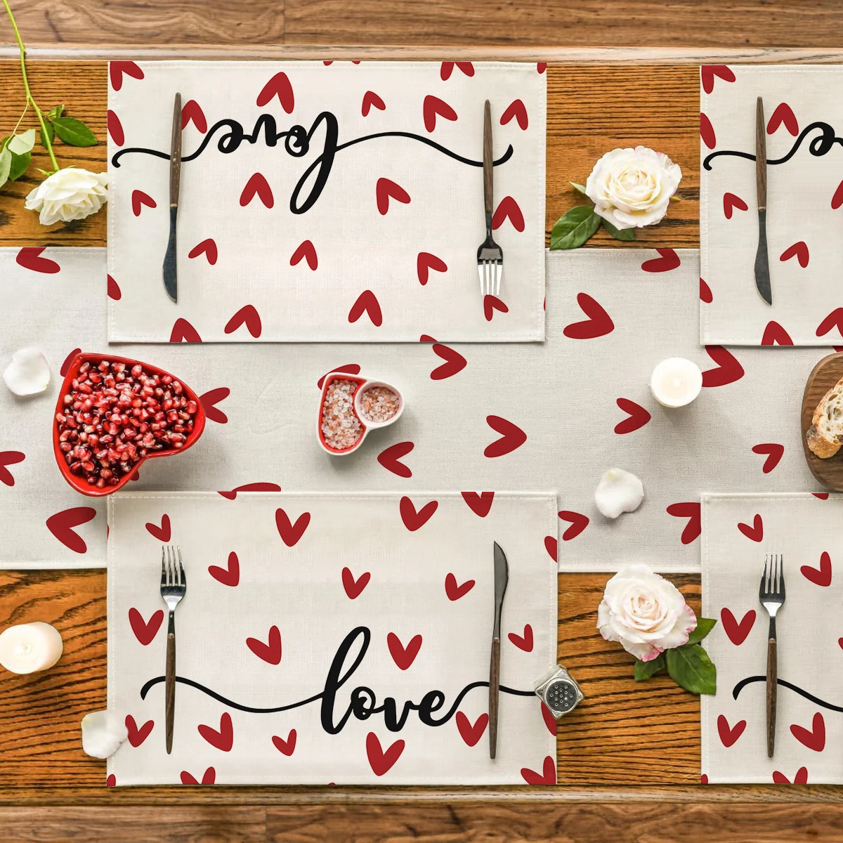 1/4/5/6/7pcs Valentine's Day-themed table mats and table runners with small red heart prints, non-slip, durable, and heat-resist