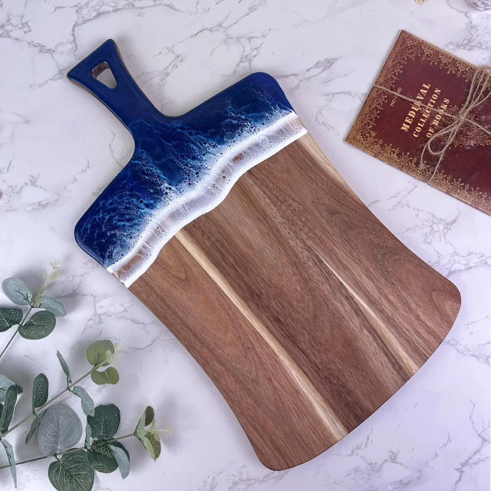 Sea Wave Pattern Resin-Wood Splicing Cutting Board Rectangular Hanging Handle Bread Serving Board Thickened Cheese Platter