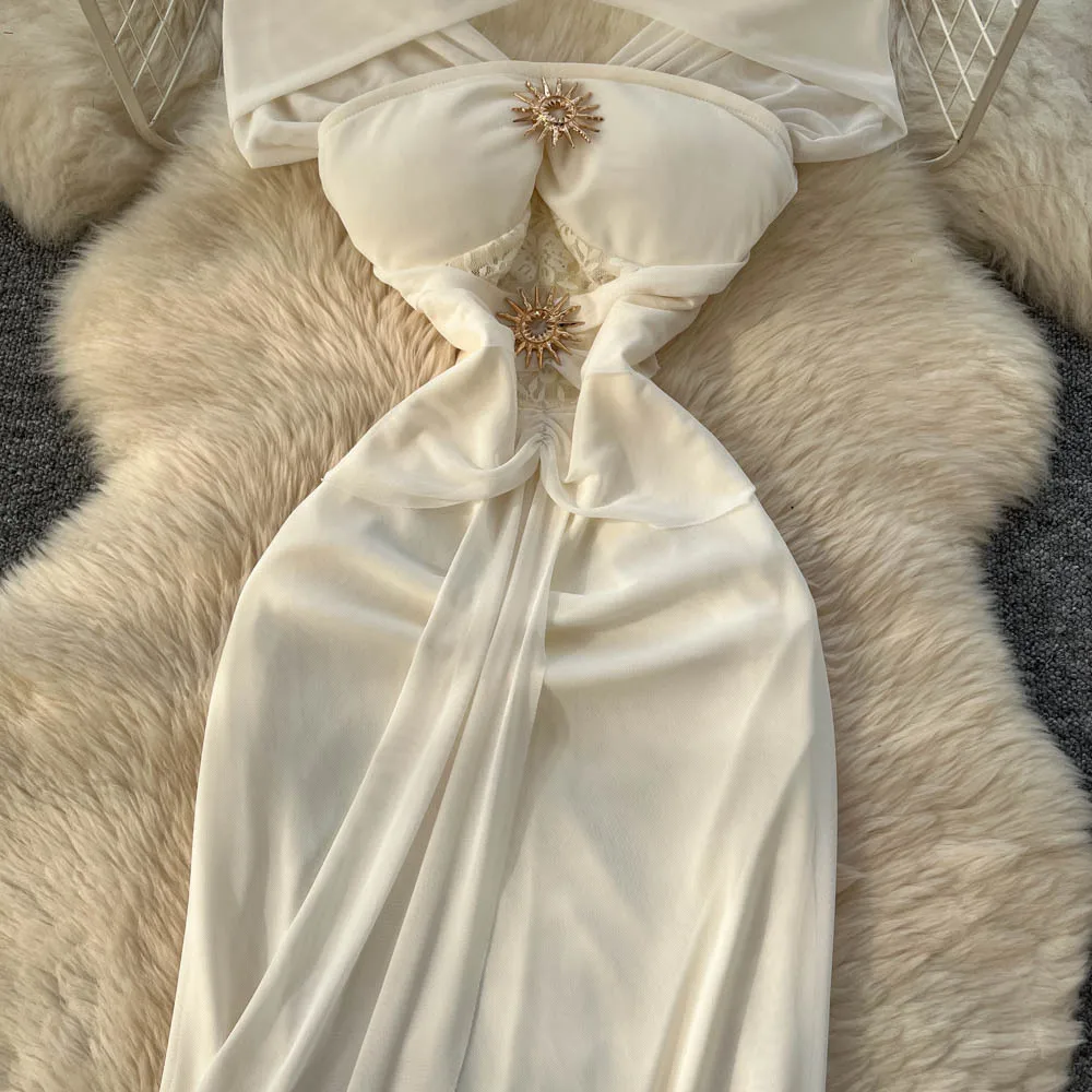 فساتين نسائية صد الصلبة ألف خط فستان شبكي طول الكاحل مائل الرقبة الخصر حزام مشبك معدني سليم صالح حفلة أنيقة 2025 الصيف #6