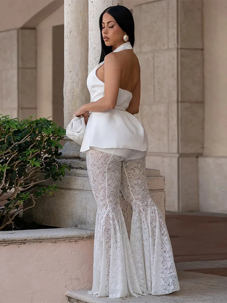 Sexy Slim Solid Vest Trouser Suit Women Sleeveless Backless Waist-Closed Tops See Through Pant Set Female 2026 Summer Lady Sets