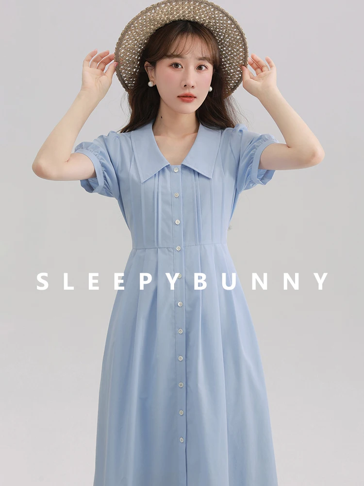 

Elegant Pleated Collar Dress Puff Sleeve Waist Tie Maxi Flowy A Line Outfit Women Summer Slimming Draped Fashion Long Dress 2025