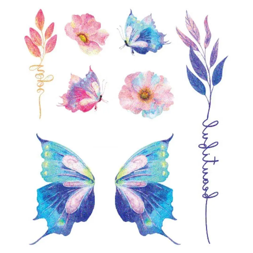 Cute Artistic Harmless To People Waterproof Butterfly Tattoo Glitter Tattoo Stickers Water Transfer Sticker Temporary Tattoos