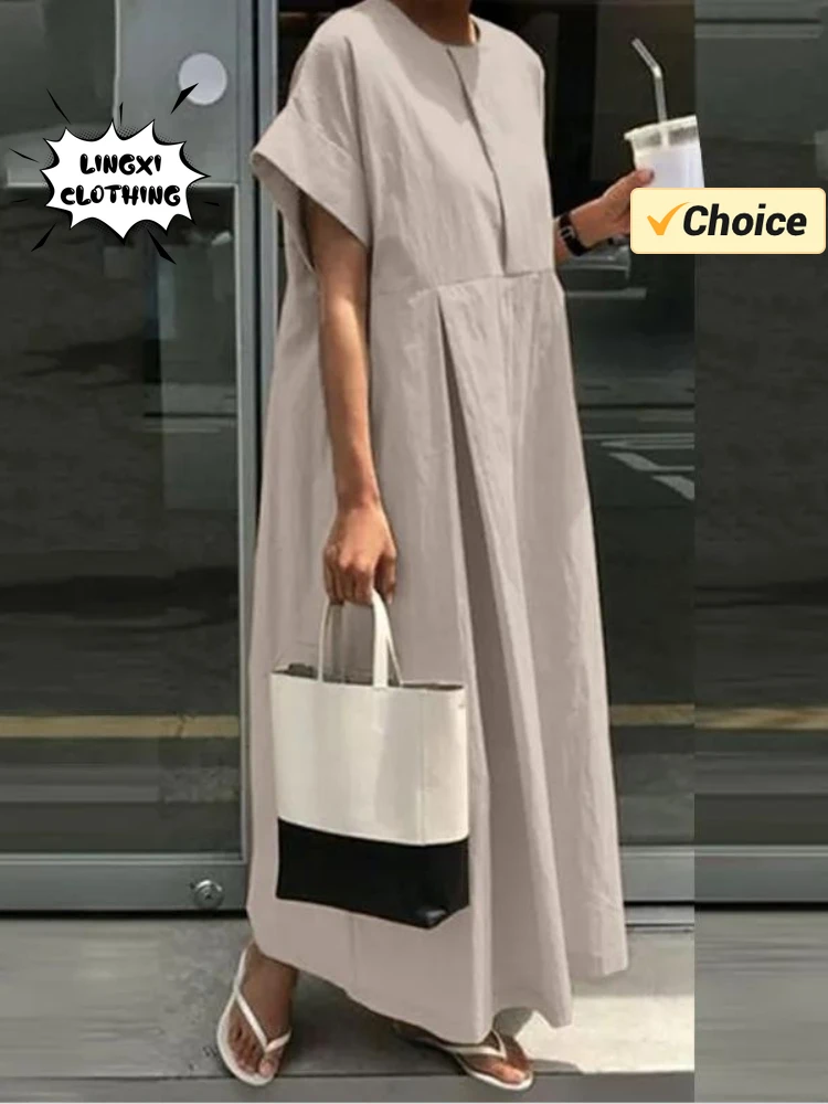 2024 Summer Fashion New Cotton and Hemp Women\'s Dress Loose Solid Color Folded Half Sleeves Elegant Retro Robe