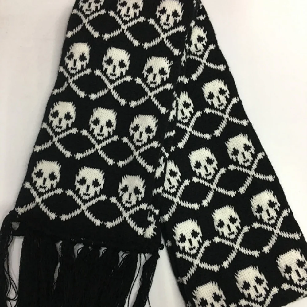 Halloween Skull Scarf Gothic Winter Knitted Black Dark Shawl Acrylic Tassels Harajuku Skeleton Wrap with Fringes for Women Men
