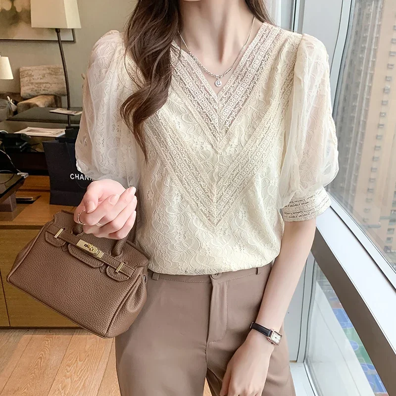 Fashion Summer Short Sleeve V-Neck Women Blouse Lace Blouse Shirt Women Tops Blouses Shirts Blusas Para Mujer Camisas Blusa E792