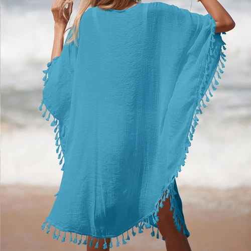Imagen 2 del producto Vestido corto informal holgado con protección solar para mujer, traje de baño hecho a mano con empalme de ganchillo y borlas para vacaciones de verano y playa