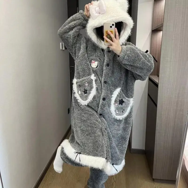 Sanrio Girl Coral Fleece Thickening Hooded Robe Trousers Suit Winter Kawaii Hello Kitty Student Keep Warm Pajamas Leisure Wear