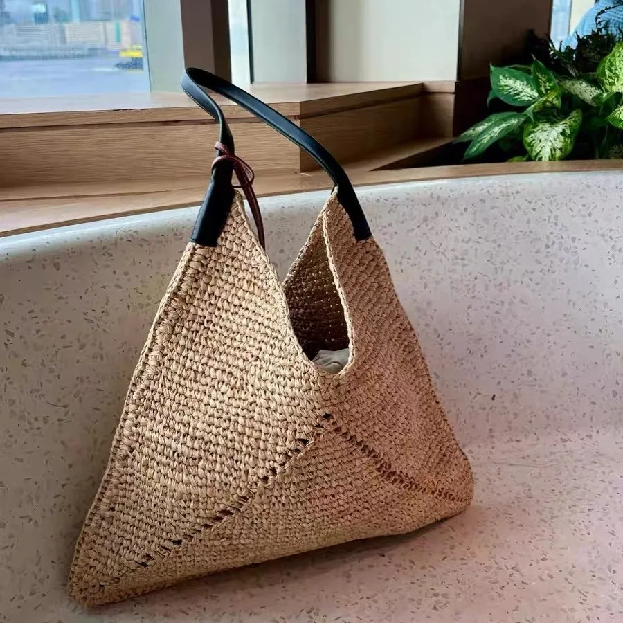 Women Casual Travel Handbag PU Leather Simple Straw Bag Large Capacity Versatile Weaving Bag Female Leisure Bag