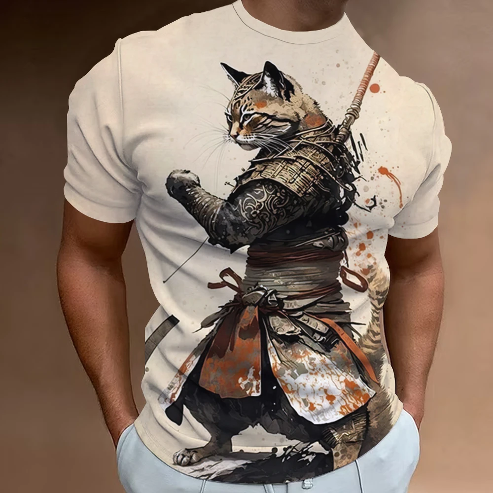 New Retro Men\'s T-Shirt 3d Samurai Cat Print Short Sleeve T-Shirt For Men Fashion Oversized Man Clothes Quick Dry Tees Tops 2024