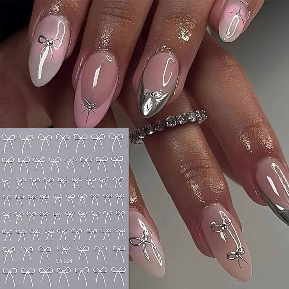 Autocollants Nail Art auto-adhésifs, amour Saint Valentin, 3D, métal laser, arc argenté, paillettes brillantes, nœud papillon, fournitures de manucure, 8 pièces