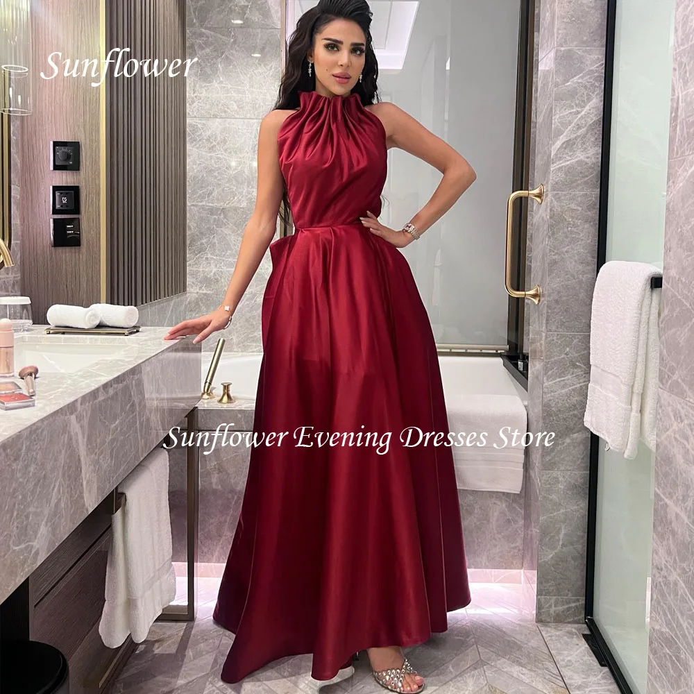 

Sunflower Red High Neck Prom Gown A-LINE Evening Dress Saudi Arabia Slim Satin Party Dress 2023 Floor-Length Prom Dress