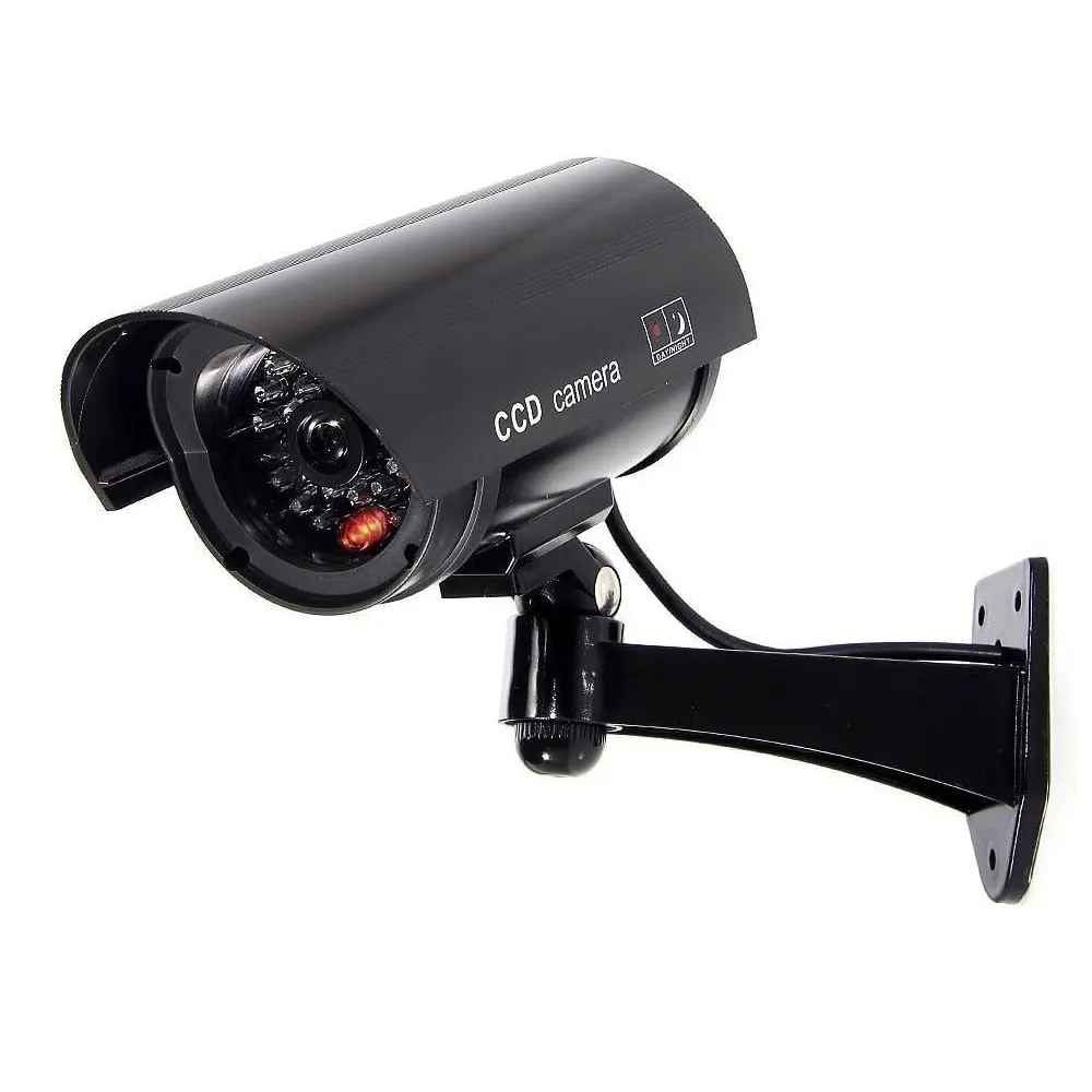 Dummy Security Camera, Fake CCTV Surveillance System with Realistic Red Flashing Lights and Warning Sticker for Indoor Outdoor