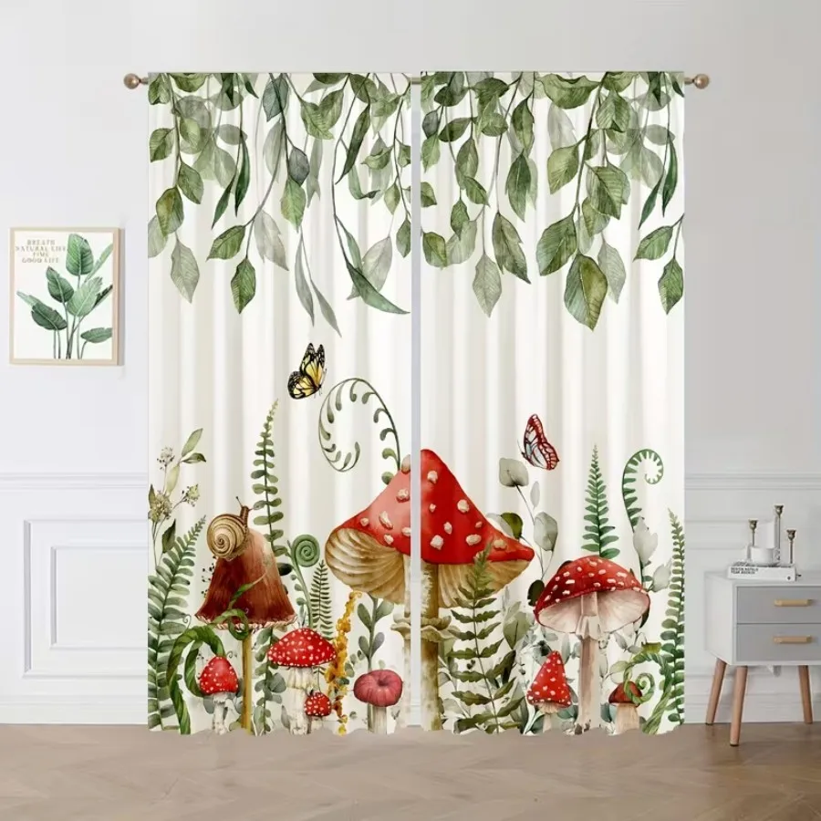 2 PCS Mushroom Vine Curtains, Forest Fairy Tale Style Window Drapes for Living Room Bedroom Home Decor Polyester Rod Pocket