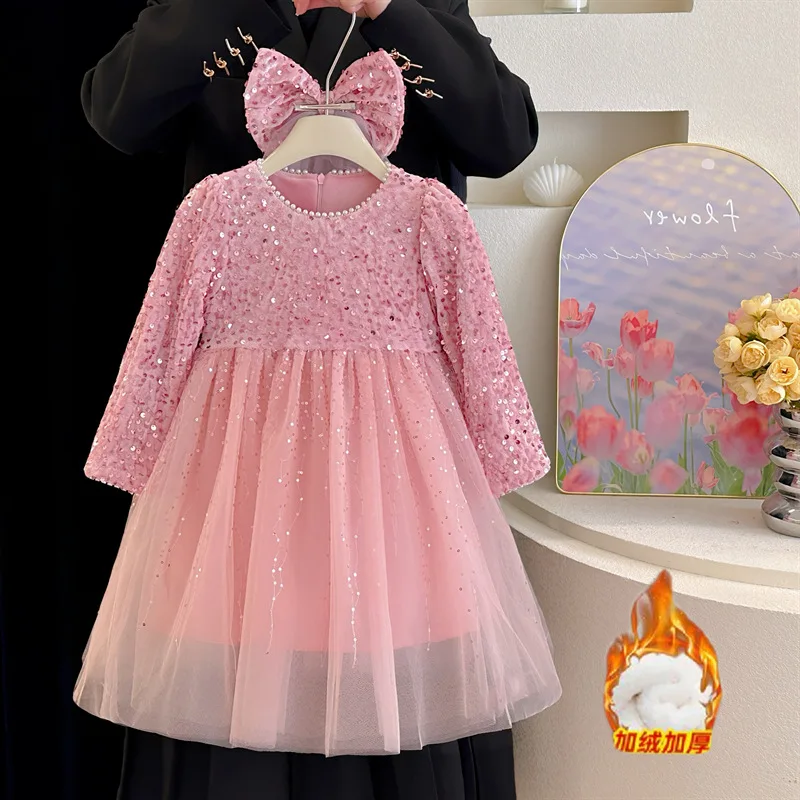 

Girls' Velvet Sequin Shiny Dress Autumn Winter Little Girl Birthday Dress Mesh Princess Dress