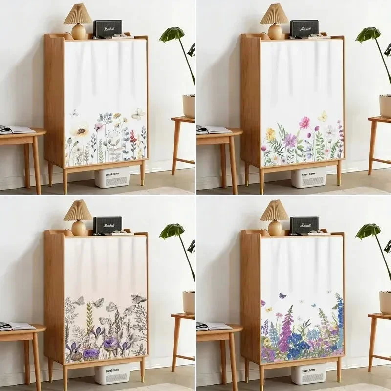 Short Curtain With Watercolor Floral And Butterfly Print Ideal For Shoe Cabinets, Bookshelves, Wardrobes, And Kitchens