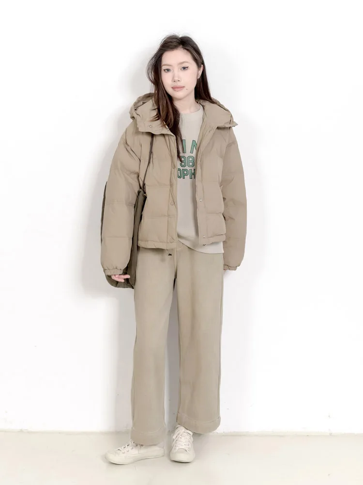 

Winter New Retro Simple Color Loose Hooded ort Bread Coat Women's Workwear down Jaet Outerwear Nylon Long Sve