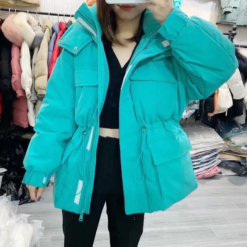 Winter Hooded Parkas Warm Jacket Women Down Cotton Coat Irregular Fluffy Bubble Drawcord Waist Outwear