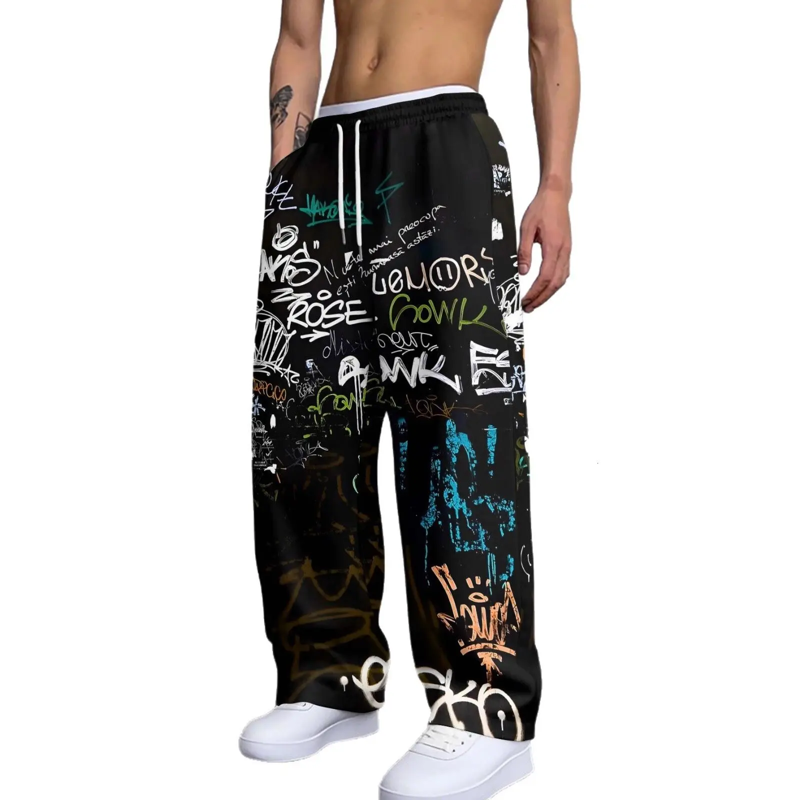 Men's Geometric Patchwork Casual Pants Summer Beach Vacation Loose Straight Trousers, Drawstring Waist Comfy Loungewear Kids