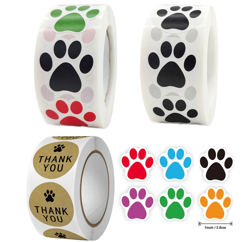 

500Pcs Kraft Paper Thank You Stickers Dog Cat Bear Paw Print Stickers Label Scrapbooking Gift Packaging Stationery Sticker Roll