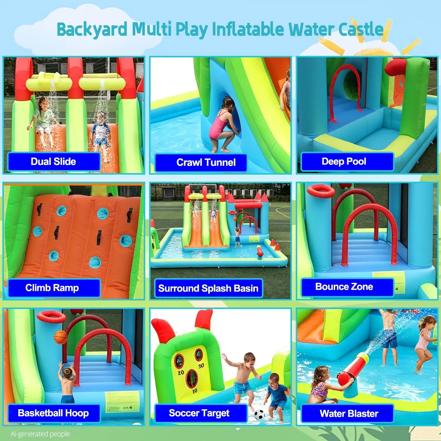 Inflatable Water Slide Park 18x15FT Mega Bounce House for Kids | Double Waterslide, Large Splash Pool, Deep Pool, Tunnel, Shower view 4