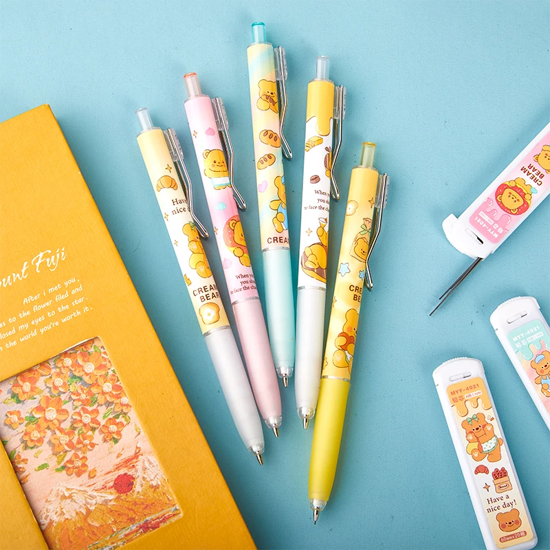 1Set Kawaii 0.5mm Butter Bear Pencil With Pen Refills Suit Cartoon Pen Clip Automatic Pencil Student Writing Stationery Supplies